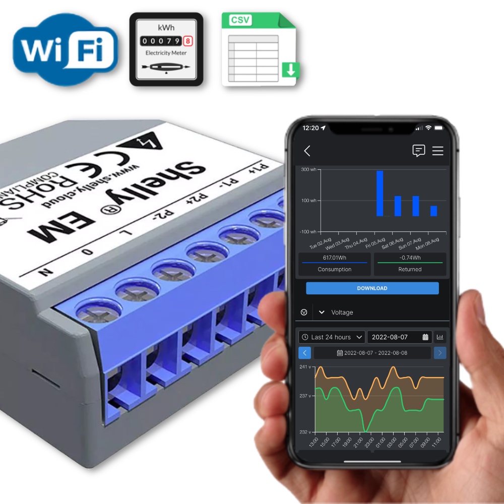 Shelly EM - Energy Meter 2 pinces, format micromodule encastrable - Consommation et production - Monophasé