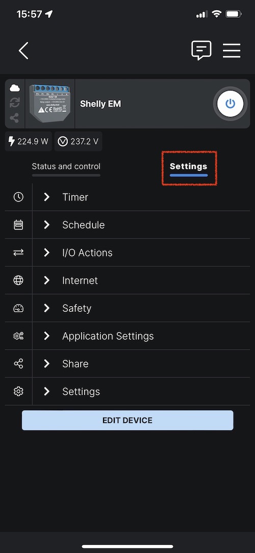 Réglages de paramètres de configuration du Shelly EM Energy Meter