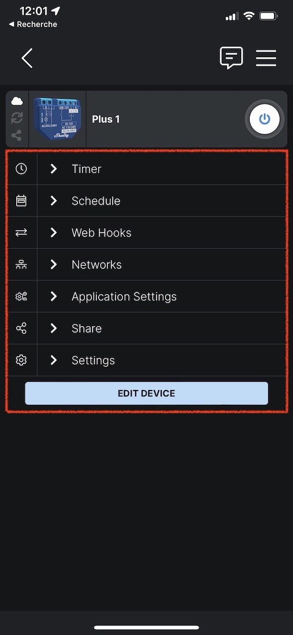 Réglages de paramètres de configuration du Shelly Plus 1