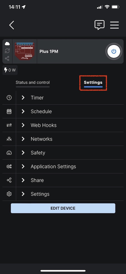 Réglages de paramètres de configuration du Shelly Plus 1