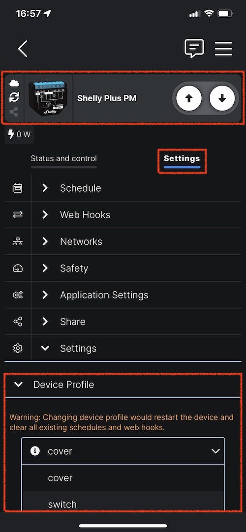Changer le mode de fonctionnement contacteur double sortie ou volet roulant du Shelly Plus 2PM
