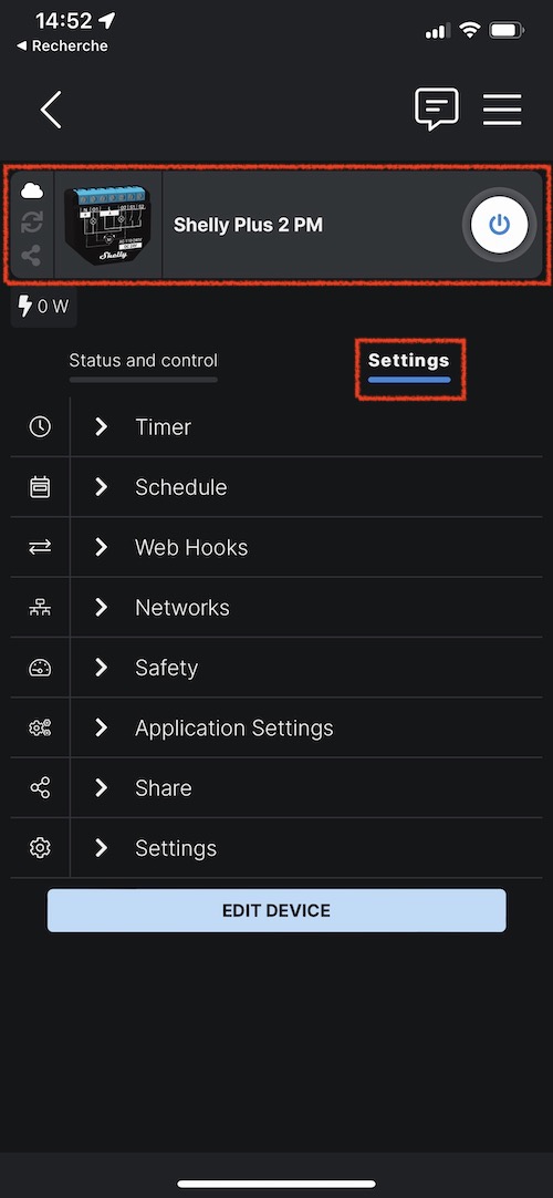 Réglages de paramètres de configuration du Shelly Plus 2PM