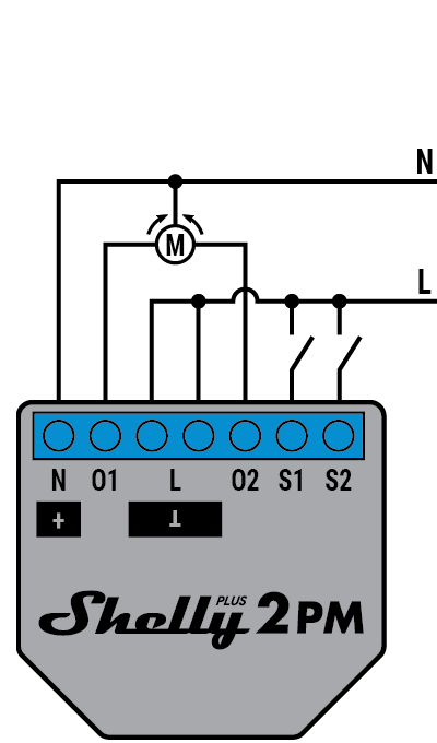 Câblage du Shelly Plus 2PM en 230 VAC avec un moteur de volet roulant