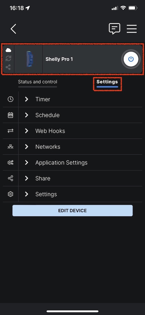 Réglages de paramètres de configuration du Shelly Pro 1
