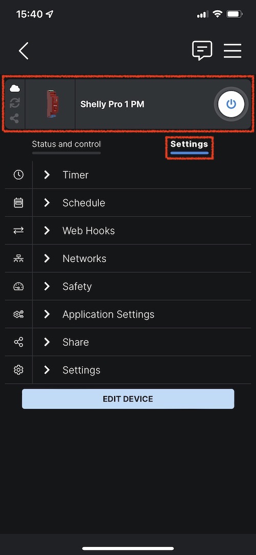 Réglages de paramètres de configuration du Shelly Pro 1PM