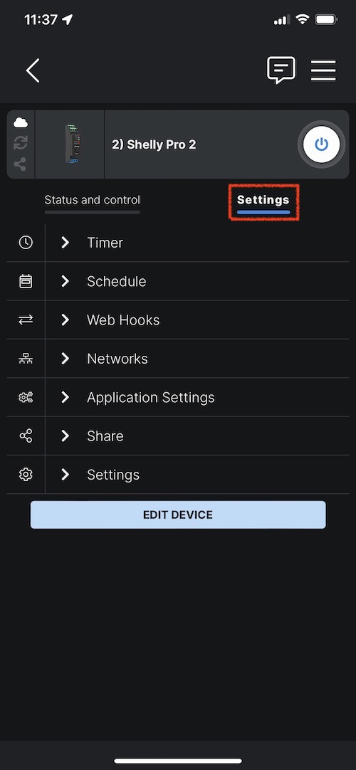 Réglages de paramètres de configuration du Shelly Pro 2