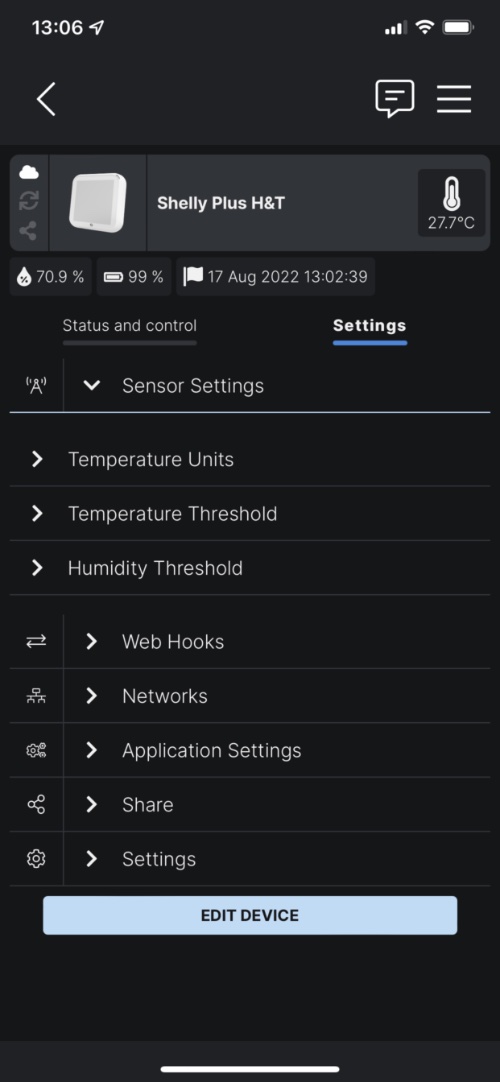Réglages de paramètres de configuration du Shelly Plus H&T
