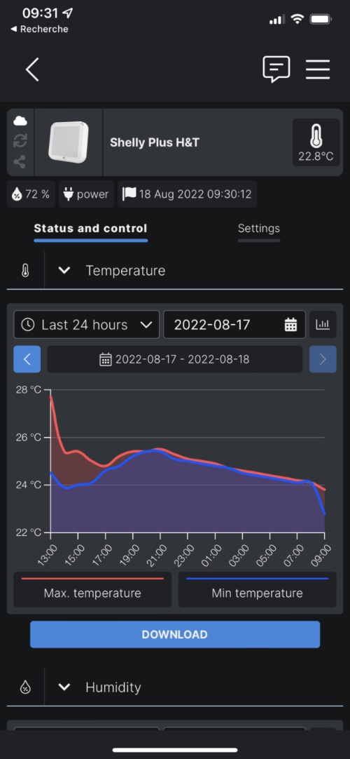 Affichage de la courbe de température dans l'application smartphone iPhone (iOS) et Android du Thermomètre Hygromètre WiFi Shelly Plus H&T