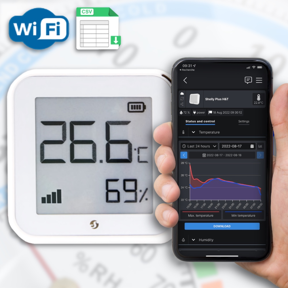 Shelly Plus H&T - Thermomètre Hygromètre WiFi avec écran et export CSV vers tableur