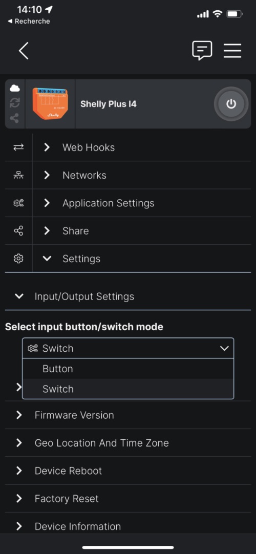 Réglages de paramètres de configuration du Shelly Plus i4