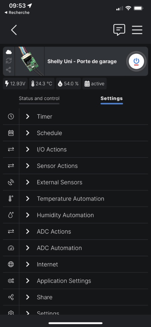Réglages de paramètres de configuration du Smart Implant WiFi Shelly Uni