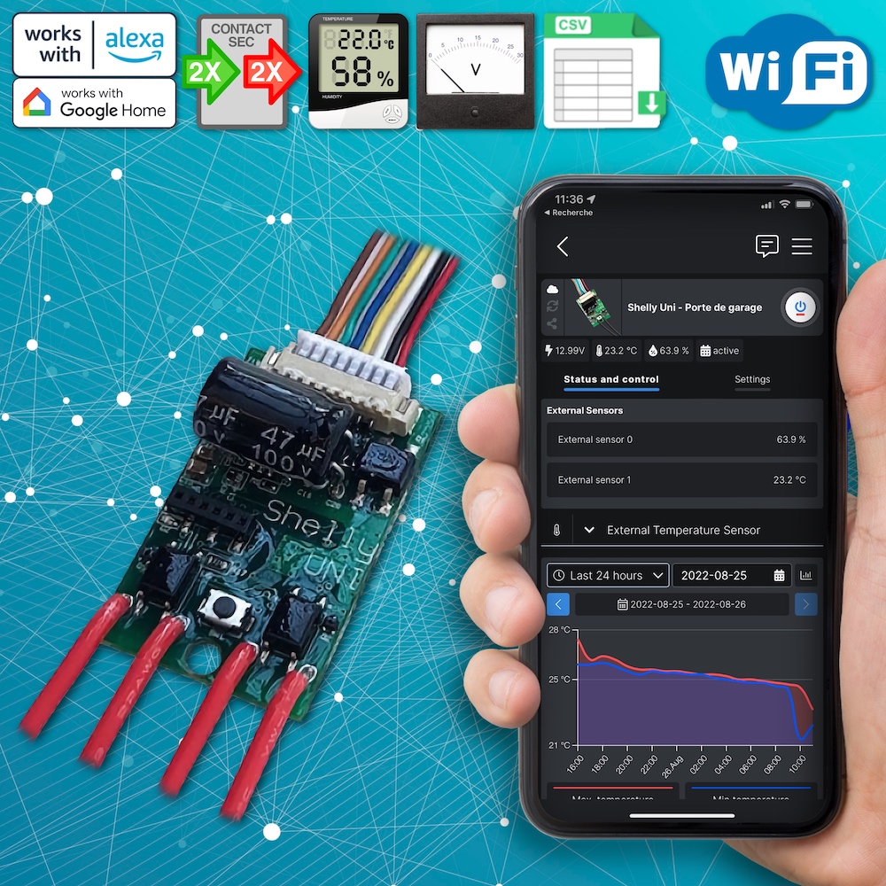 Shelly UNI - "Implant" WiFi avec 2 entrées et 2 sorties libres de potentiel ("contact sec") pour portail, porte de garage, etc.