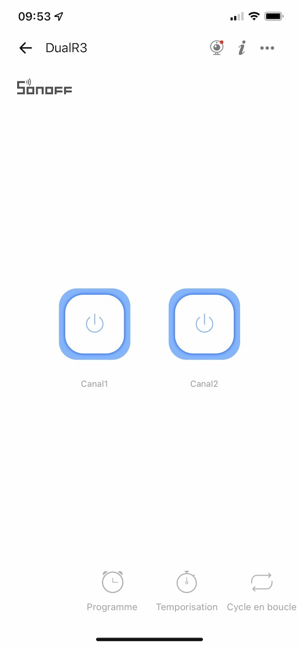 Application smartphone eWelink (iOS et Android) pour Sonoff dualR3 en mode double actionneur