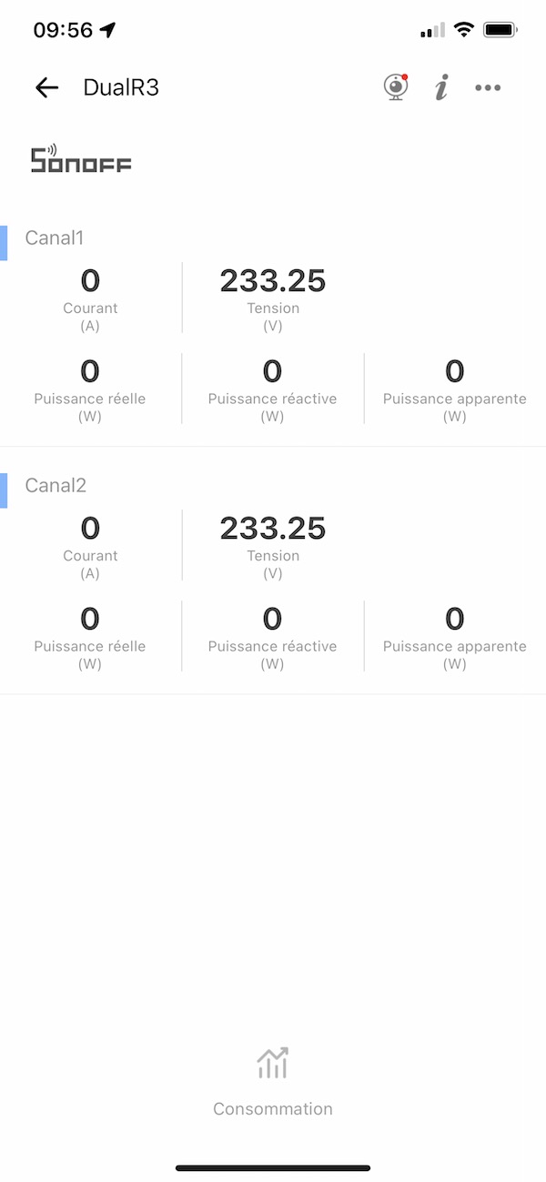Application smartphone eWelink (iOS et Android) pour Sonoff dualR3 en mode mesure de consommation uniquement