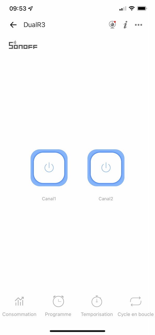 Application smartphone eWelink (iOS et Android) pour Sonoff dualR3 en mode double actionneur