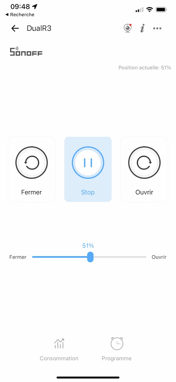 Application smartphone eWelink (iOS et Android) pour Sonoff dualR3 en mode moteur de volet roulant