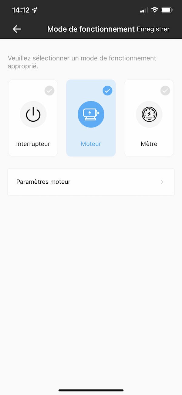 Choix du mode de fonctionnement du module WiFi Sonoff dualR3 : moteur de volet roulant, double relais, mesure de consommation