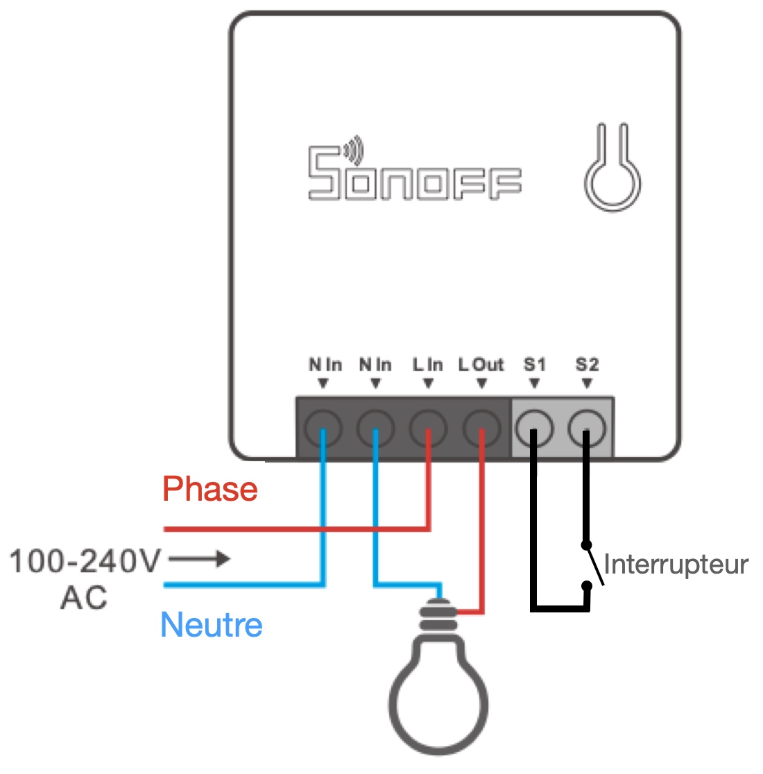 Câblage du micromodule WiFi compatible eWelink, Google Home et Amazon Alexa Sonoff miniR2