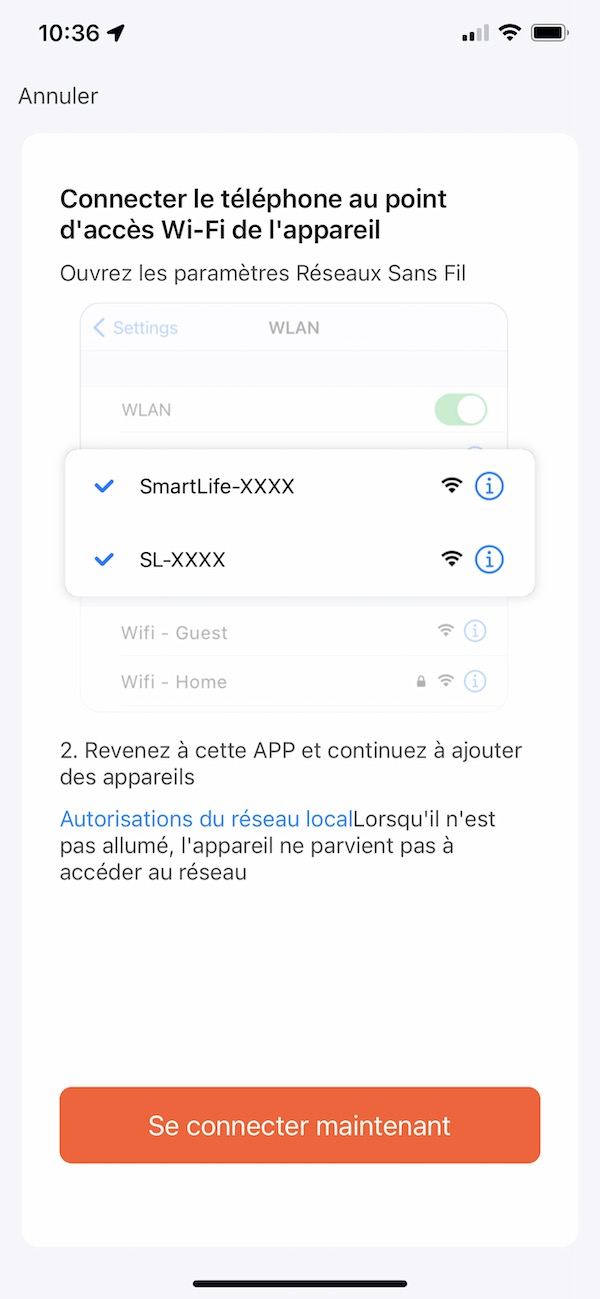 Echec de connexion de l'équipement Tuya au Wifi : utiliser le mode AP