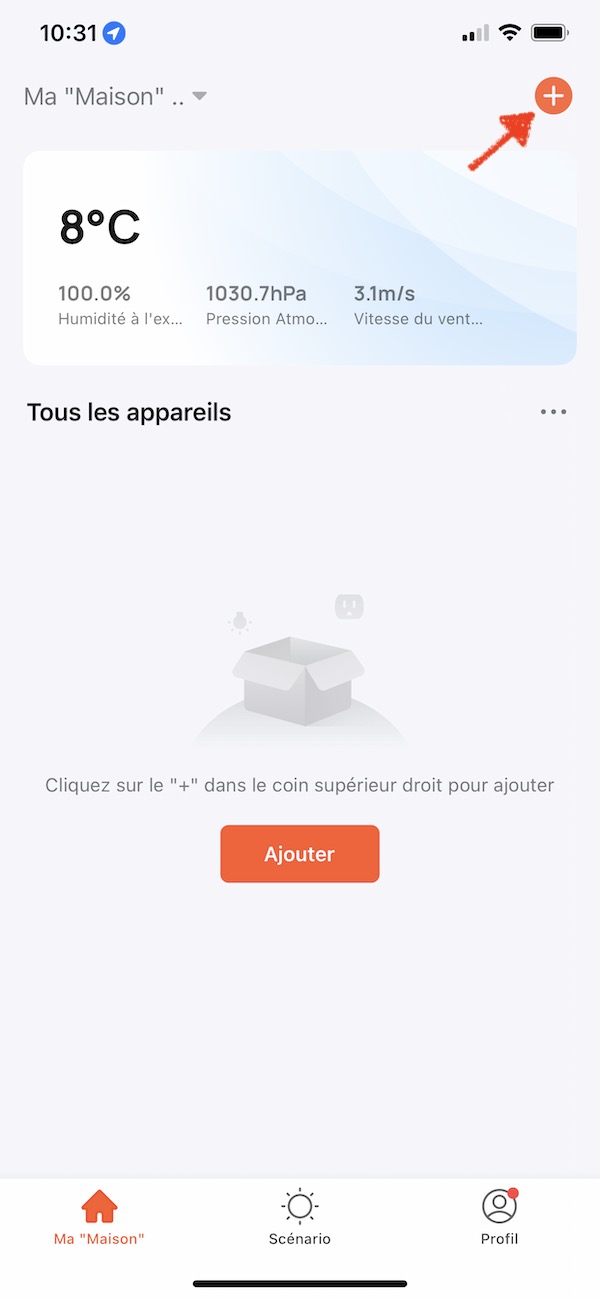 Bouton ajouter un équipement sur l'application Tuya Smart Life (ou Lidl Home)