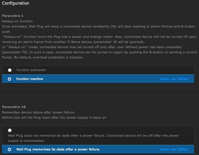 Configuration des paramètres avec la box domotique Fibaro HC2 ou Home Center Lite