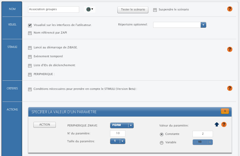 Exemple de configuration des paramètres ZWave d'un module Fibaro FGRM avec une Zibase