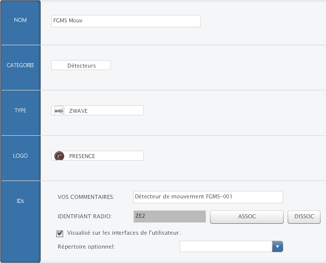 Fenêtre d'inclusion d'un module FGMS-001 de Fibaro sur une Zibase