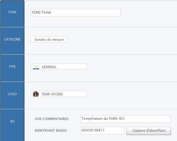 Fenêtre de configuration de la sonde de Température sur Zibase du FGMS-001 de Fibaro