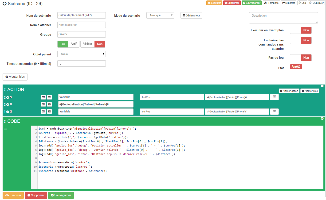 Scénario Jeedom en mode graphique intégrant un bloc script