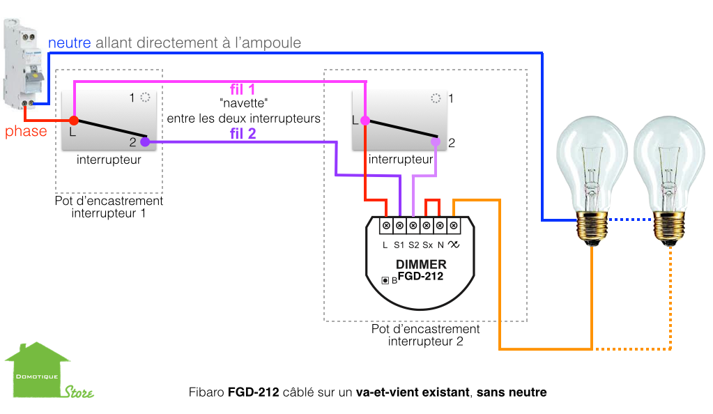 Fibaro FGD-212 en va-et-vient sans neutre et ampoules à incandescence / halogène