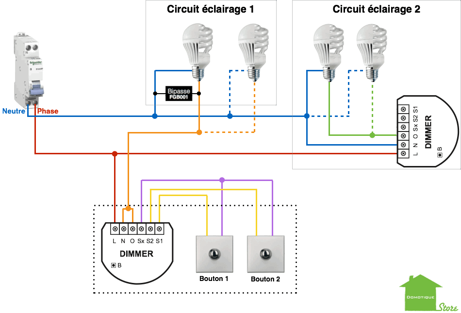 Domotiser son éclairage avec un fibaro FGD-211 sans le neutre au niveau des boutons avec deux circuits d'éclairage à commander