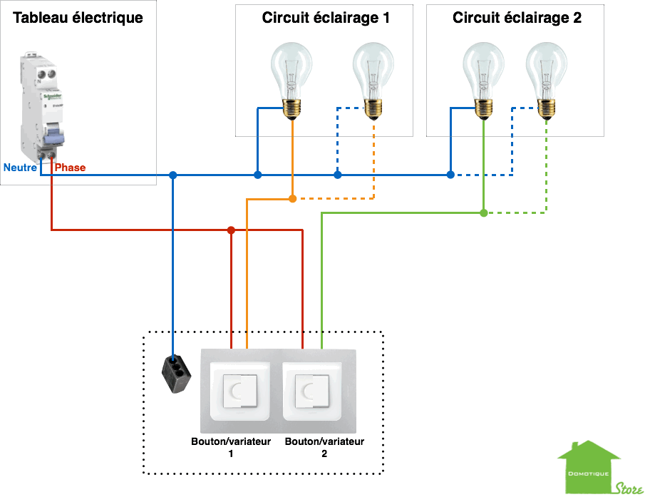 domotiser son eclairage bouton double FGD/FGS avec Neutre 2circuits d'éclairage situation initiale