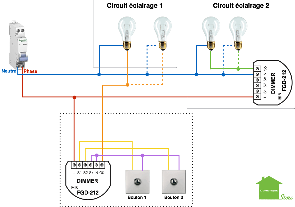Domotiser son éclairage avec un fibaro FGD-212 sans le neutre au niveau des deux boutons avec une puissance à commander supérieure à 25W