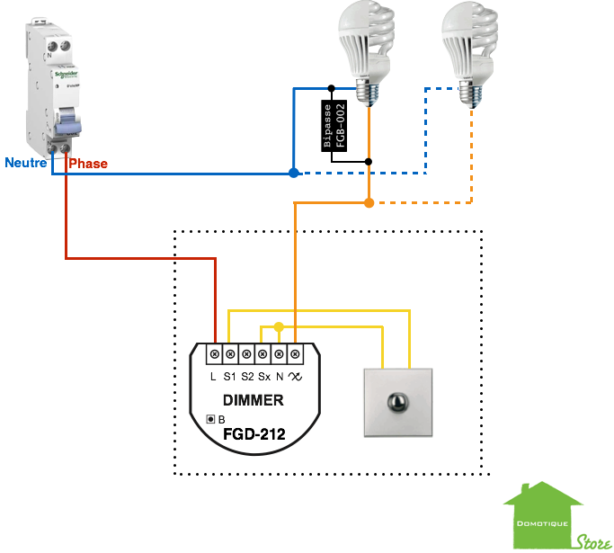 Domotiser son éclairage fibaro FGD-212 cas sans le neutre au bouton avec une puissance à commander inférieure à 25W