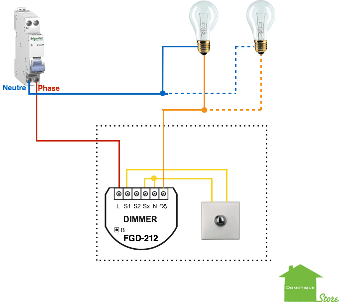 Domotiser son éclairage fibaro FGD-212 cas sans le neutre au niveau du bouton avec une puissance à commander supérieure à 25W