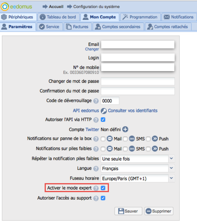 page paramètres du compte