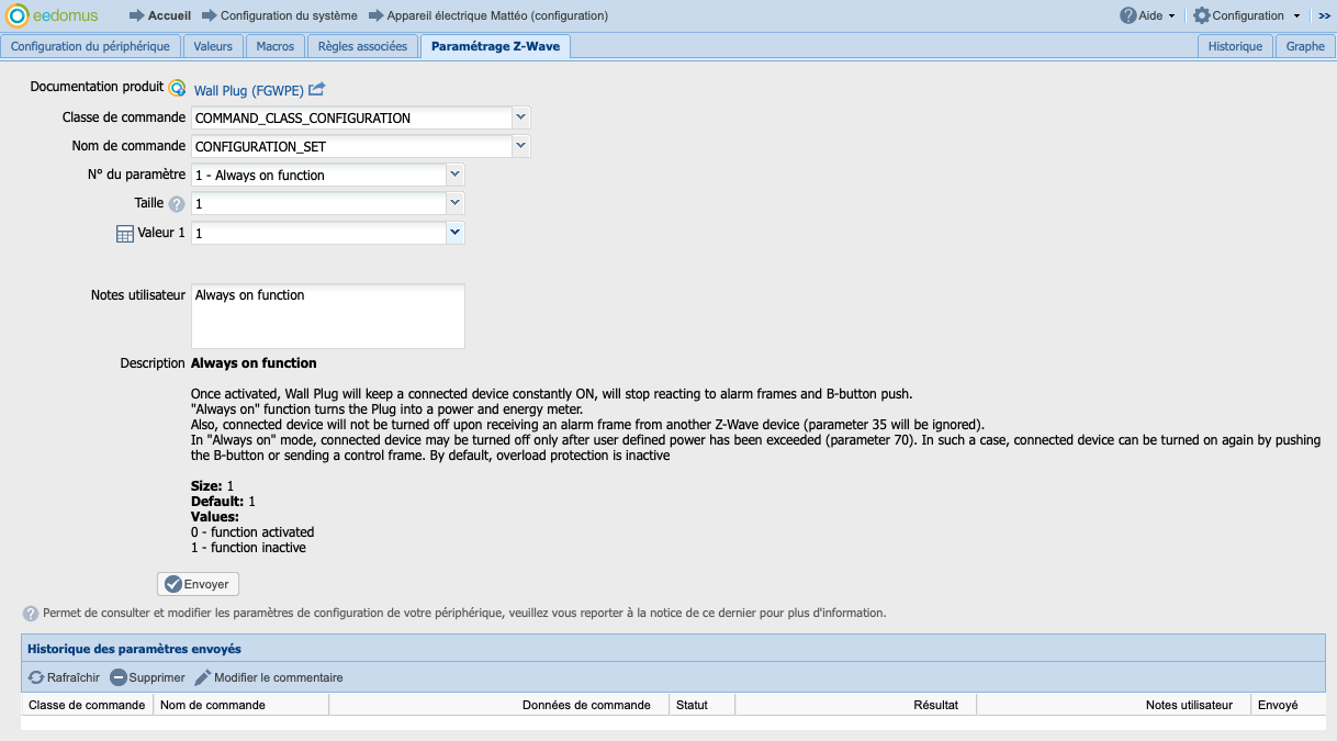 Changement de paramètres Z-Wave sur eedomus