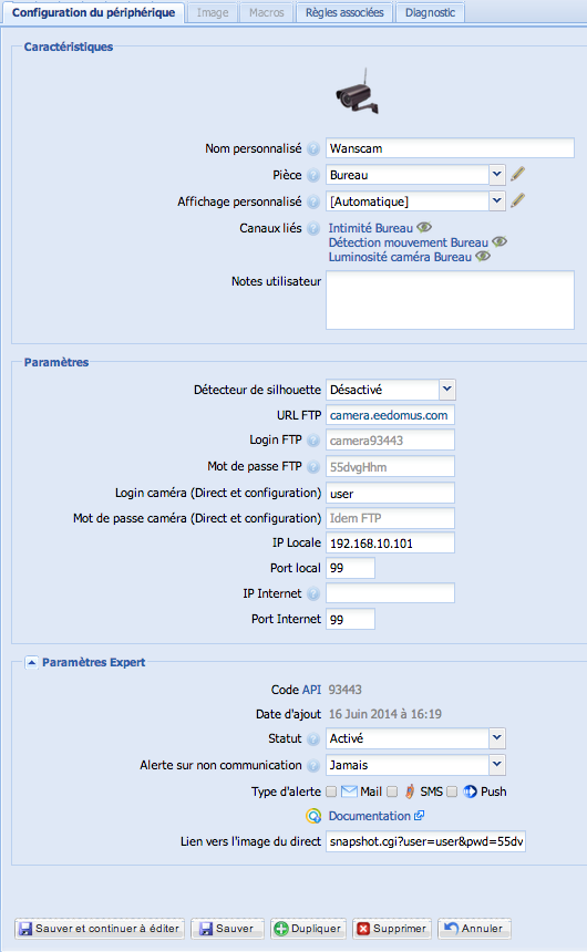 Configuration caméra Eedomus