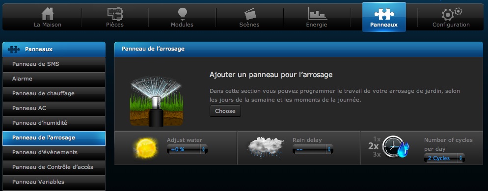 Interface de gestion de l'arrosage avec la box domotique Fibaro HC Lite