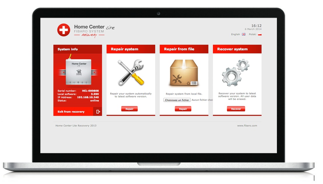 Interface du mode Recovery du Home Center Lite