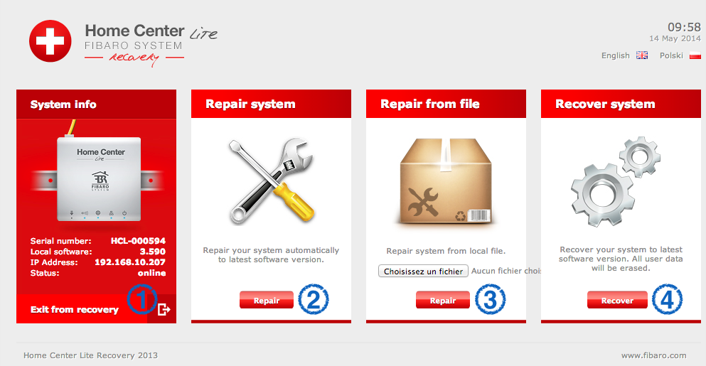 Page d'accueil du mode Recovery de la box domotique Z-Wave Home Center Lite de Fibaro