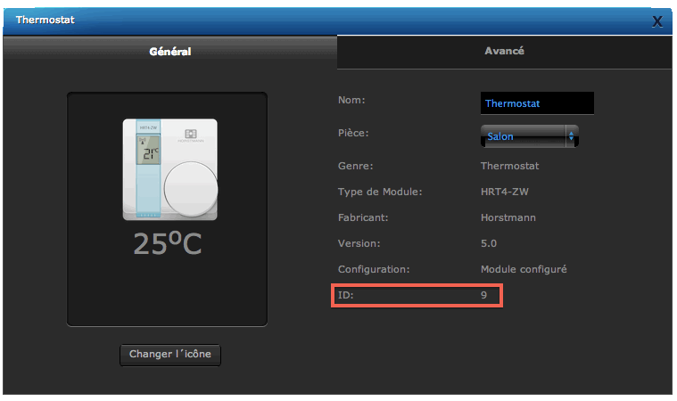 Menu paramètres d'un module Z-Wave sur le HC2 Fibaro