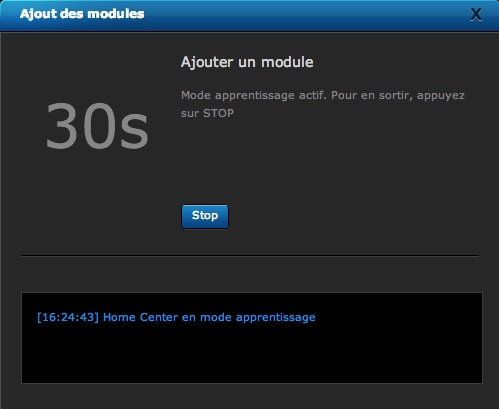Ecran du compte à rebours lors de l'inclusion d'un module domotique ZWave