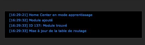 Fenêtre de log lors de l'inclusion d'un module domotique ZWave à un Home Center de Fibaro