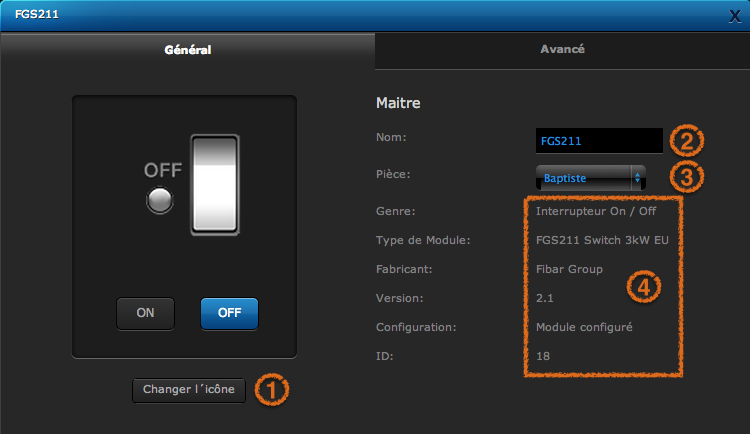 Présentation de l'onglet "Général" pour un module inclus sur la box domotique Home Center 2 ou Home Center Lite