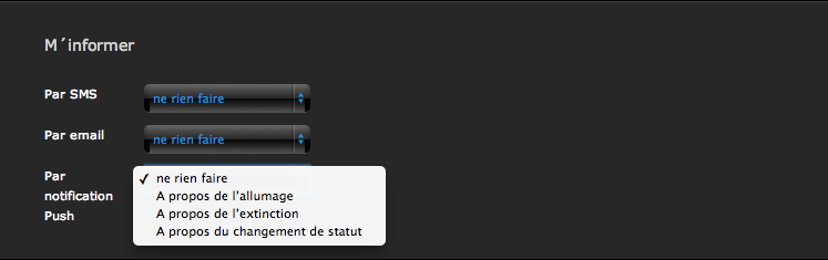 Affichage des différentes possibilités offerts pour être informé via la configuration d'un module