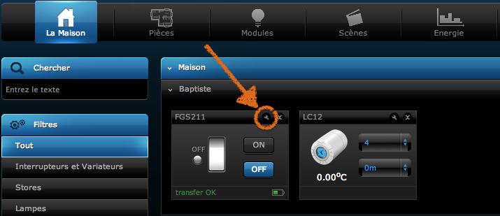 Accès aux paramètre du module via l'interface de la box domotique Home Center 2 ou Home Center Lite de Fibaro