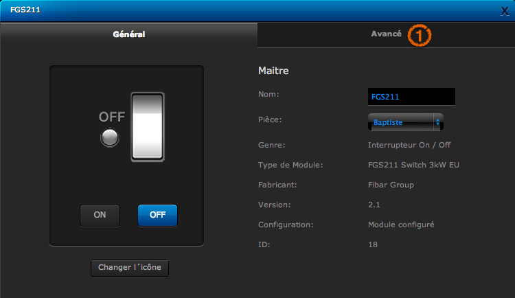 Onglet avancé de l'interface de configuration d'un module domotique sur la box Home Center 2 ou Home Center Lite de Fibaro