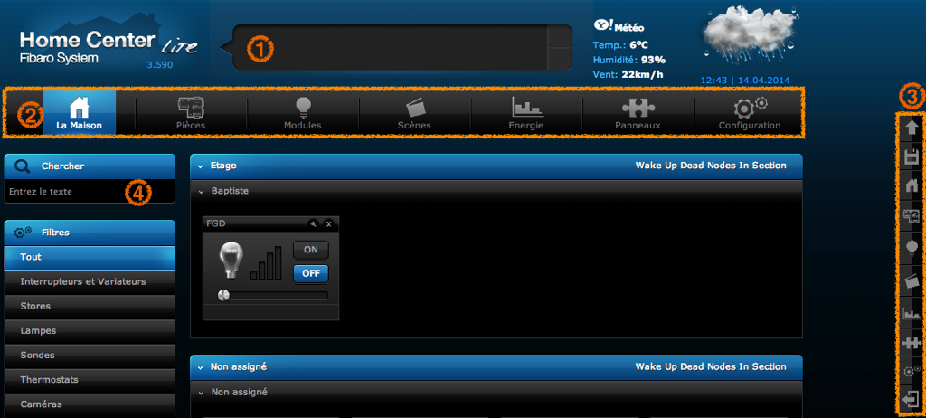 Menu principal d'une Box Home Center 2 ou Home Center Lite de Fibaro.