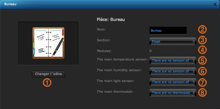 Les différents paramètres possible pour une Pièce sur les box domotique de Fibaro : Home Center 2 (HC2) ou le Home center Lite (HCL)
